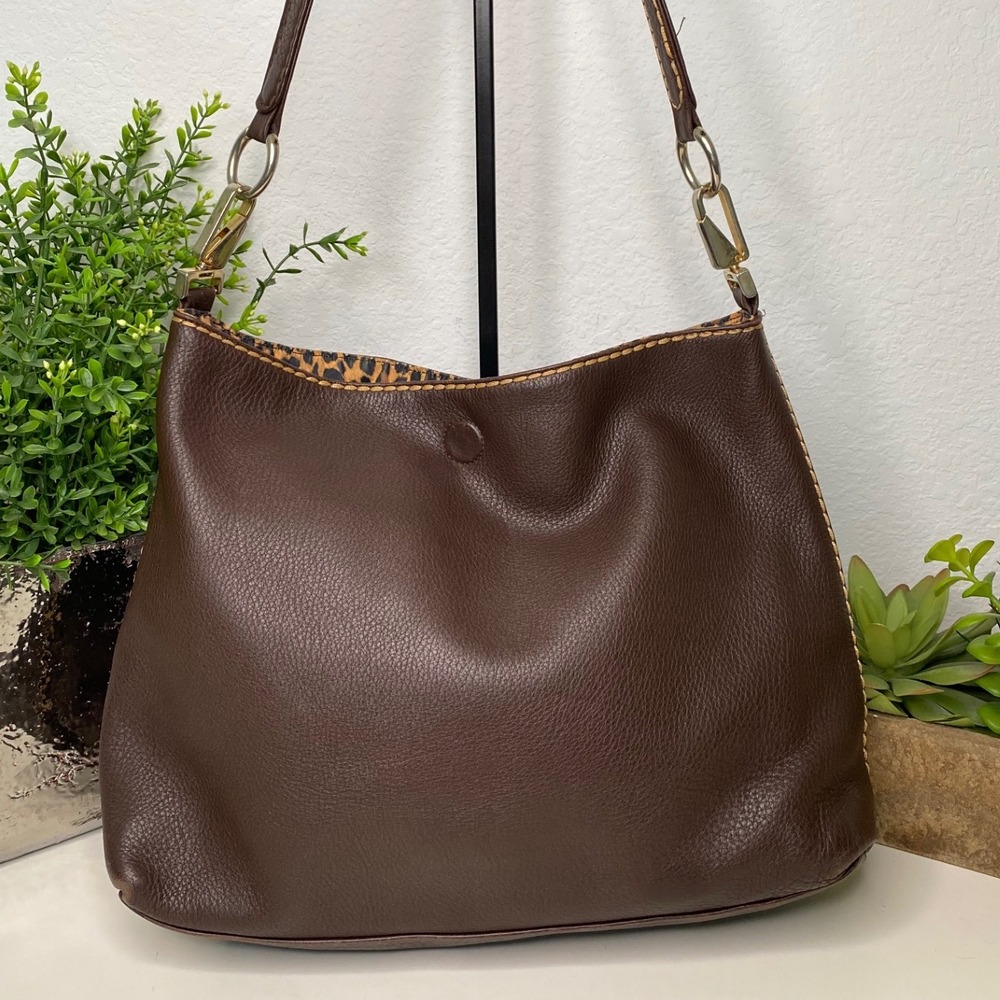 Plinio Visona Reversible Brown Leather/ Leopard Print Italian Shoulder Hobo Bag
